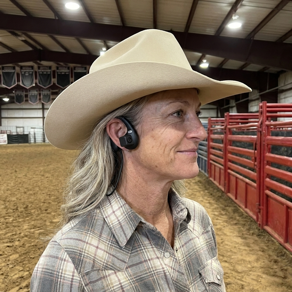 Hondo Cam earbuds worn by a breakaway roper at the arena